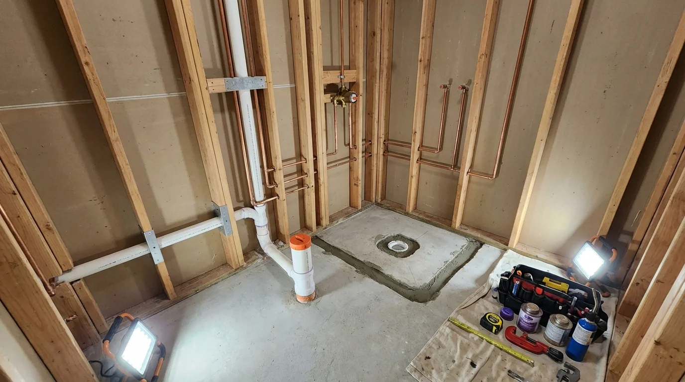 Bathroom rough-in plumbing during remodel by Johns Plumbing LLC in Continental