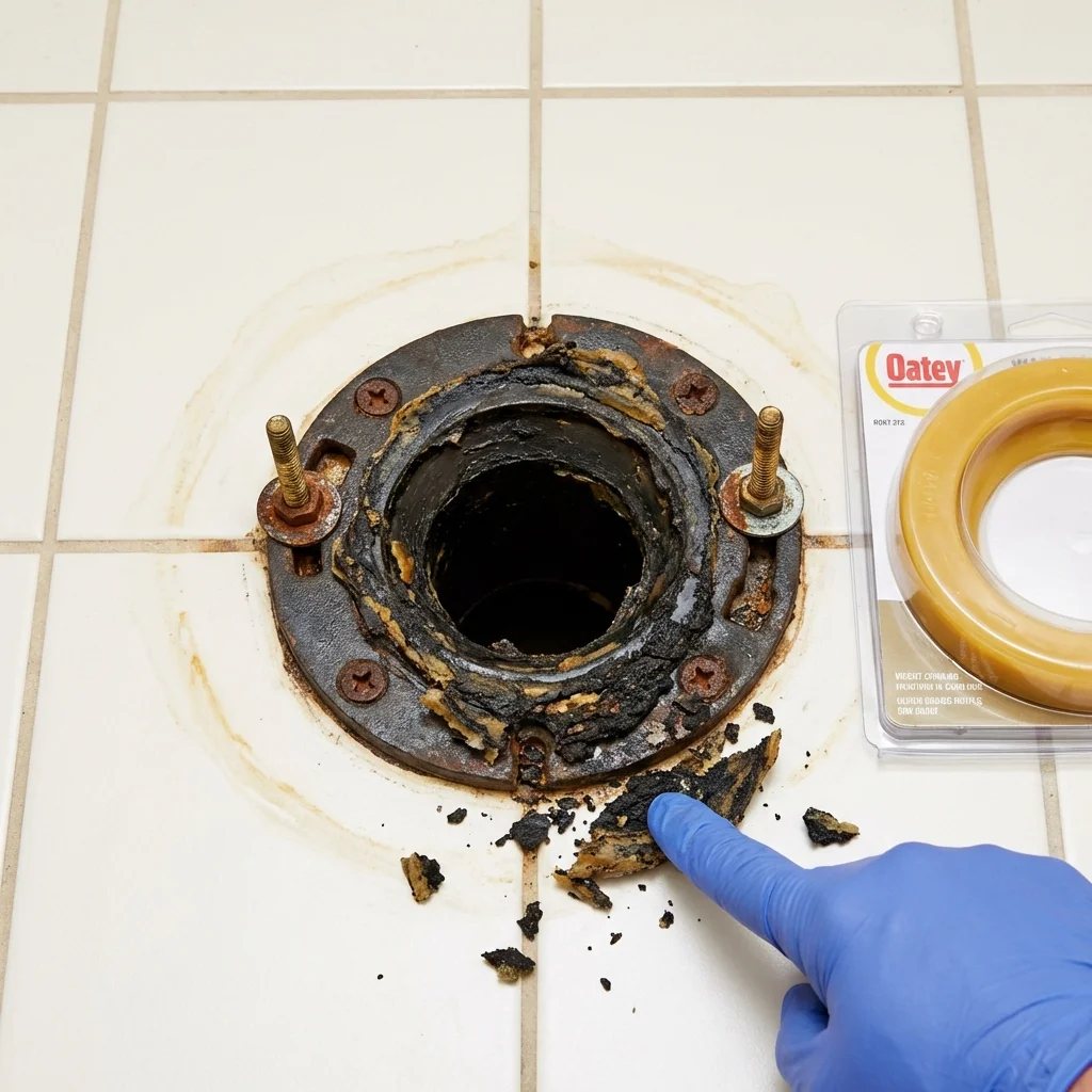 Failed wax ring showing water seepage at the base of a toilet in a Continental, OH home