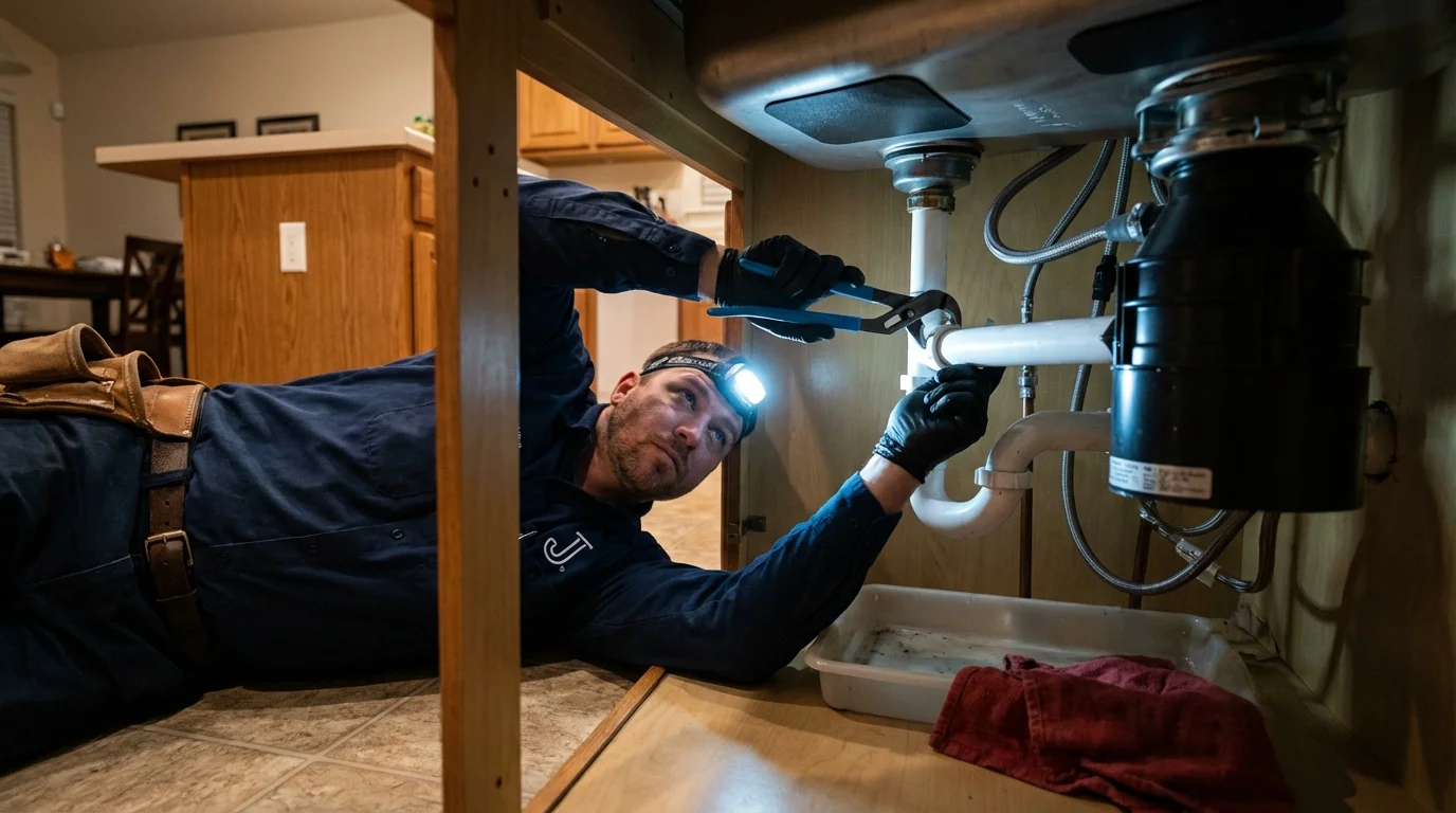 P-trap and supply line connections under a kitchen sink showing a common leak point in Continental, OH